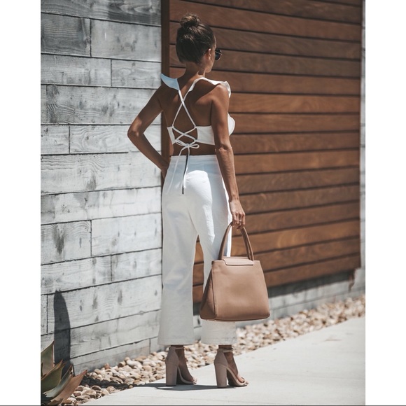 Pants - White Denim Ruffle Open Back Jumpsuit